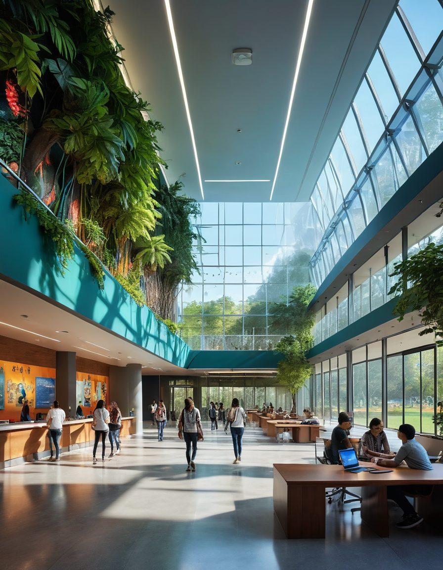 A futuristic university campus with advanced technology seamlessly integrated into the environment. Students interacting with virtual reality devices, holographic displays, and collaborative digital tools. Nature intertwined with smart buildings, showcasing innovative architecture. Warm light illuminating the scene, creating an inviting and dynamic atmosphere. vibrant colors. digital art.