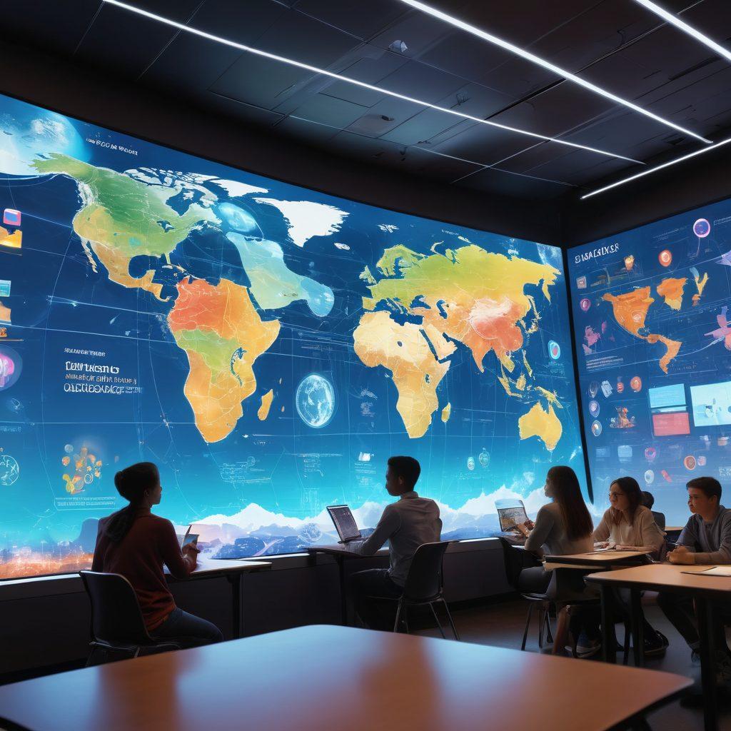 An inspiring scene of a diverse group of students engaged in a digital classroom, with holographic displays showcasing global connections and educational resources. Bright, colorful elements represent networking and technology, while a large window reveals a world map highlighting different cultures. The atmosphere is energetic and collaborative, symbolizing the impact of network education on academic success. vibrant colors. super-realistic.