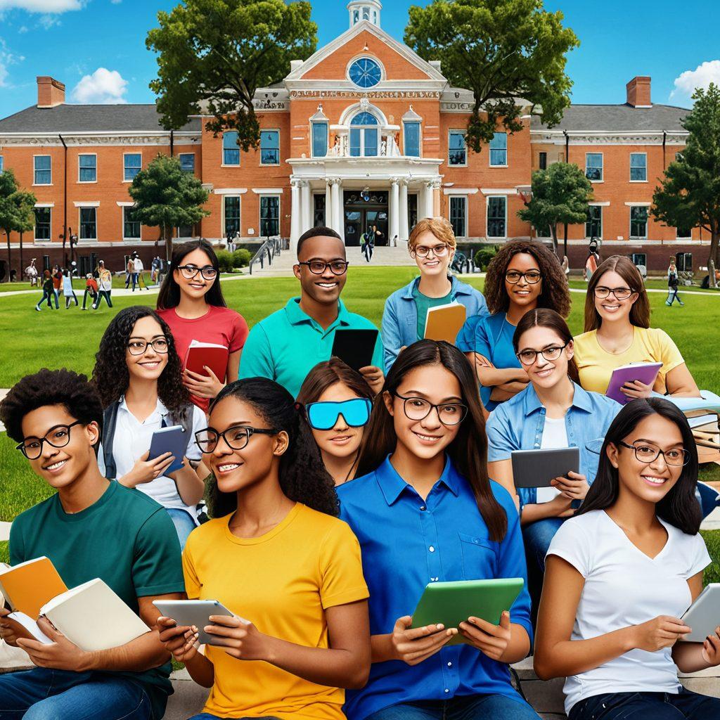 A dynamic collage showing diverse students engaging with various digital resources: tablets, laptops, and VR headsets, surrounded by vibrant icons of books and online classes. In the background, a university campus infuses a sense of academic environment. The overall tone is inspiring and modern, emphasizing empowerment through technology. vibrant colors. super-realistic.